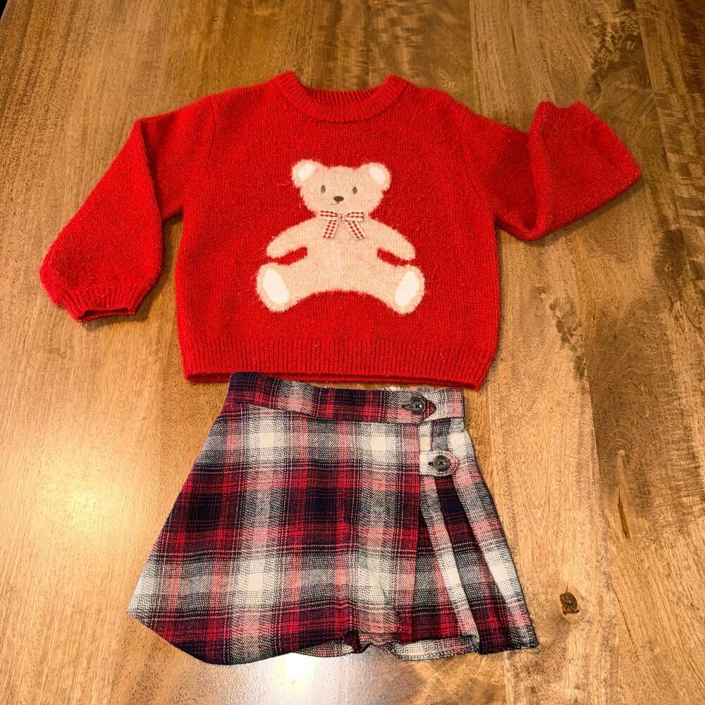 Zara Girls 4Y Red Teddy Bear Sweater & Plaid Skort Set